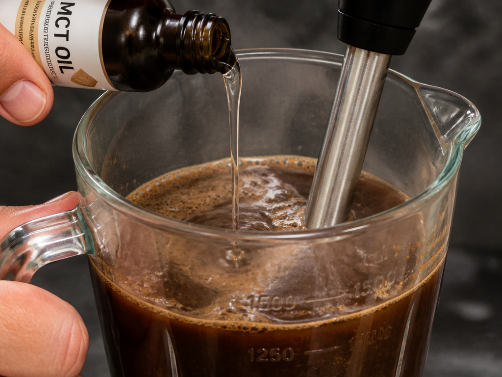 Blending MCT oil into hot coffee with an immersion blender for proper emulsification.