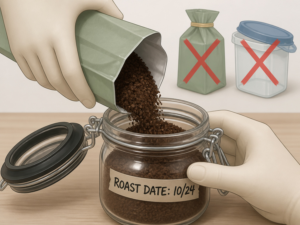 Properly storing coffee grounds in an airtight jar labeled with roast date