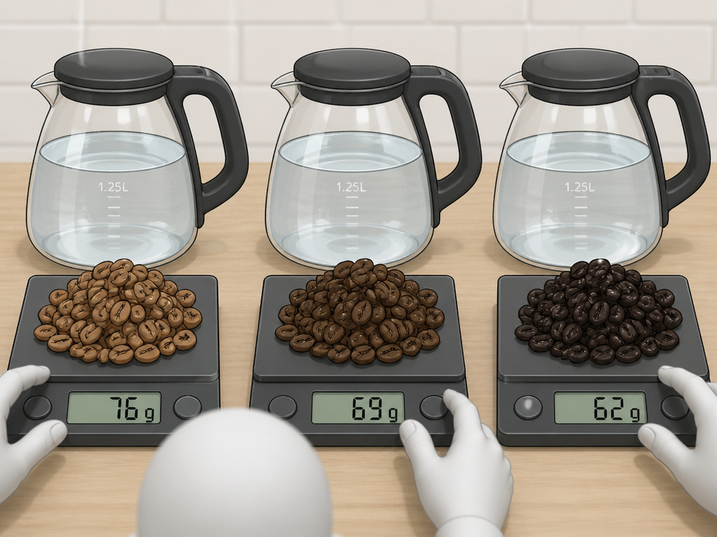 Coffee mass adjustment for light, medium, and dark roast beans in a pot.