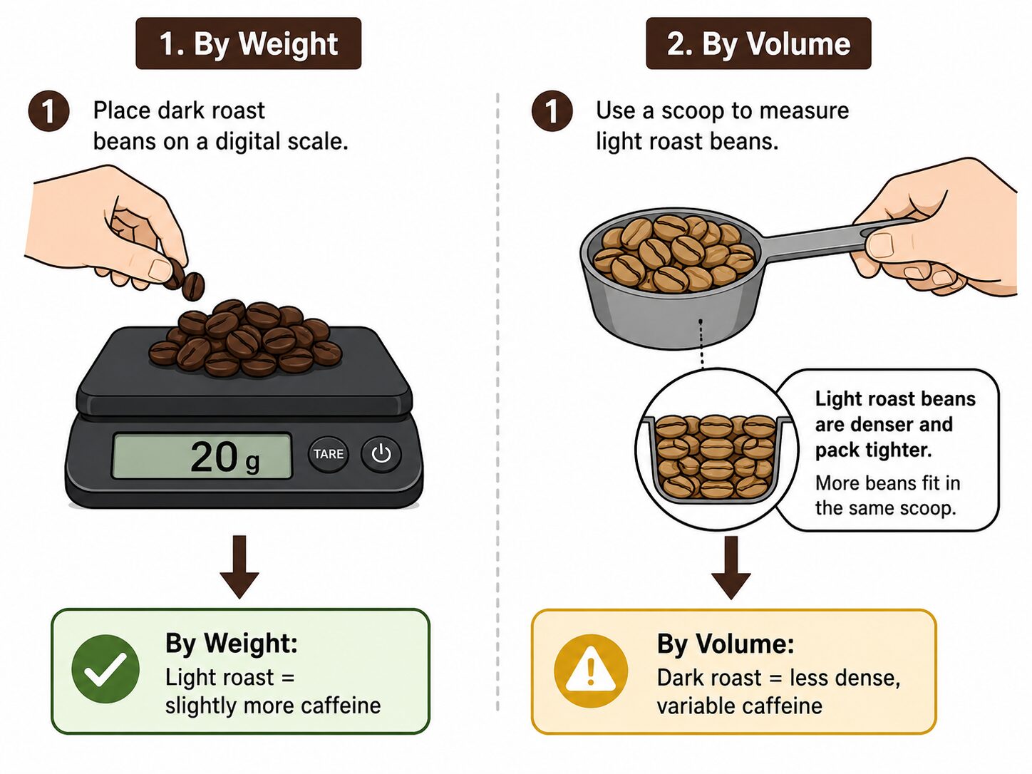 Diagram comparing caffeine in coffee by weight versus volume measurement.