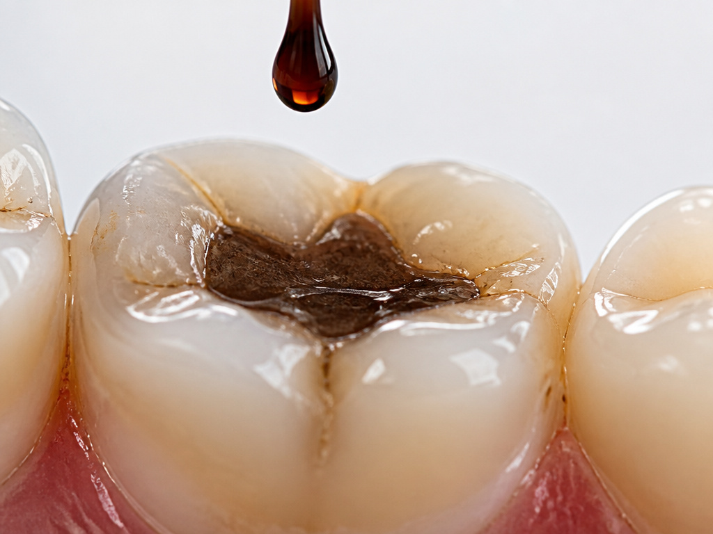Close-up of a coffee-stained dental filling on a tooth.