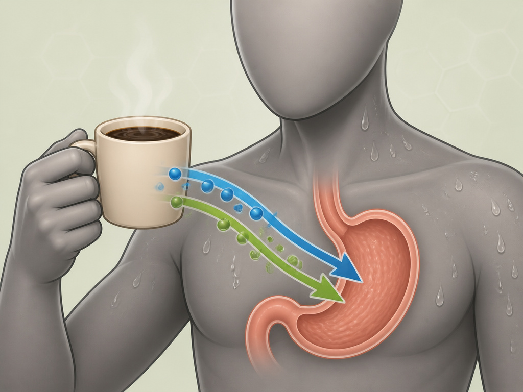 Diagram showing how compounds in coffee trigger stomach acid and sweating.
