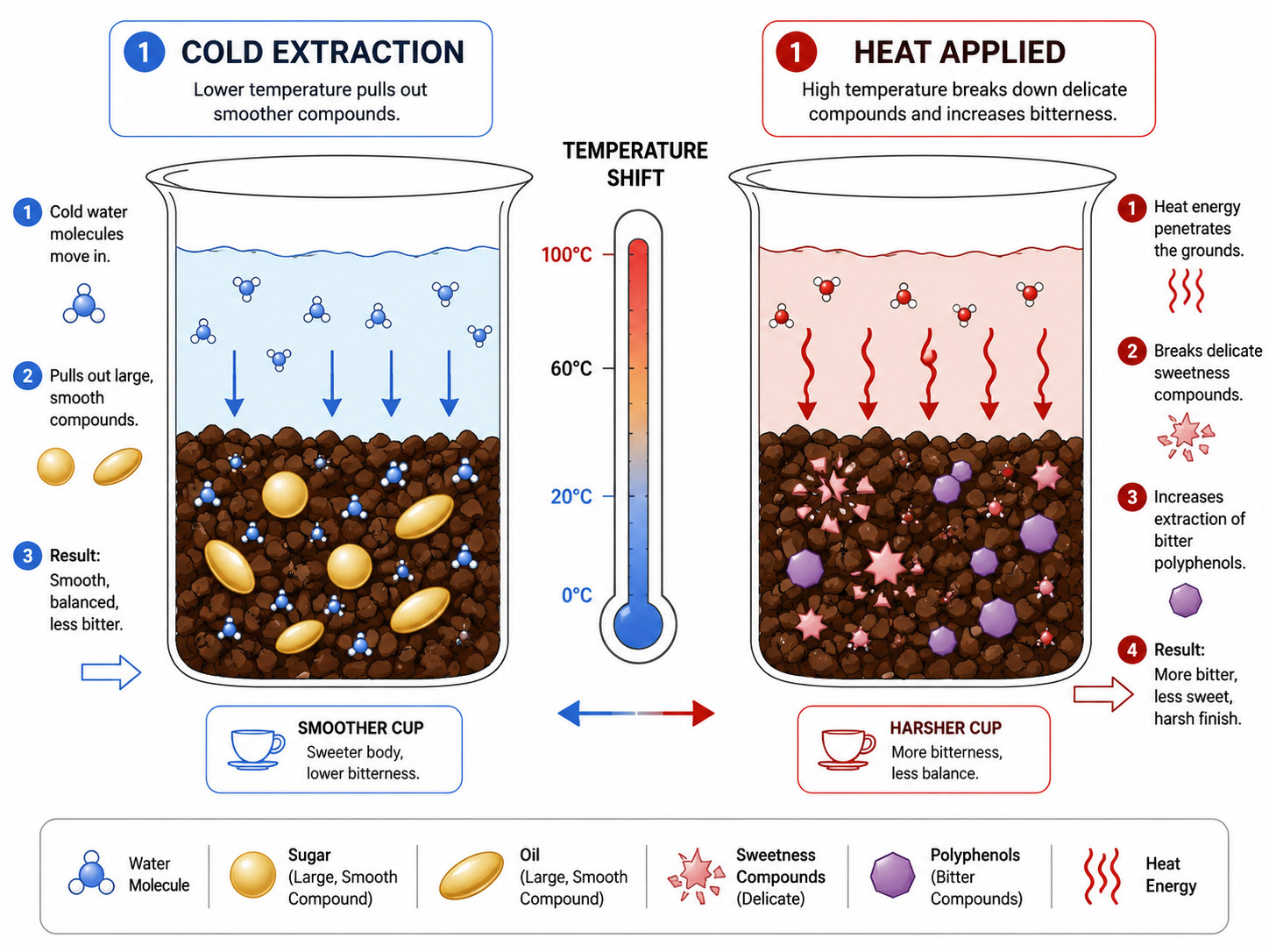 Diagram comparing chemical extraction of cold brew versus heated cold brew.