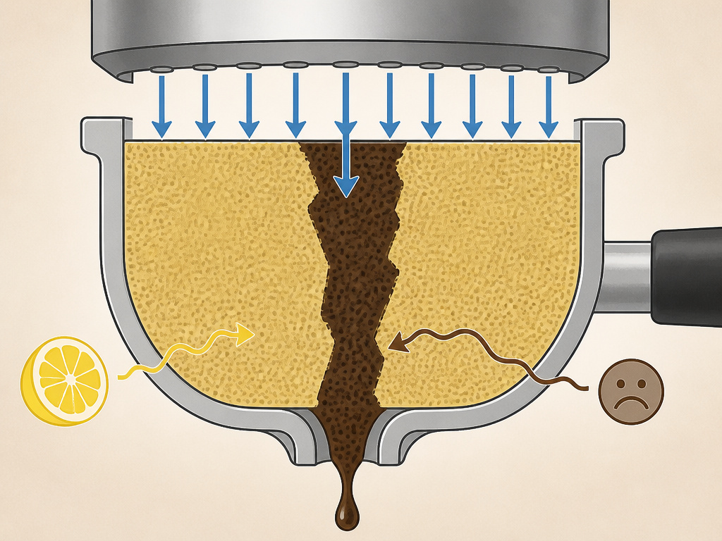 Diagram of channeling in an espresso puck causing sour and bitter extraction.