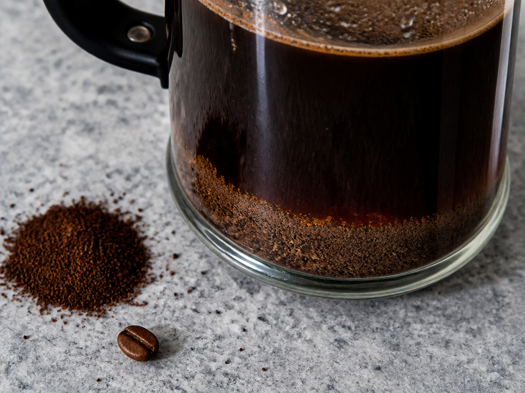 Close-up of sediment layer at the bottom of a French press coffee carafe.