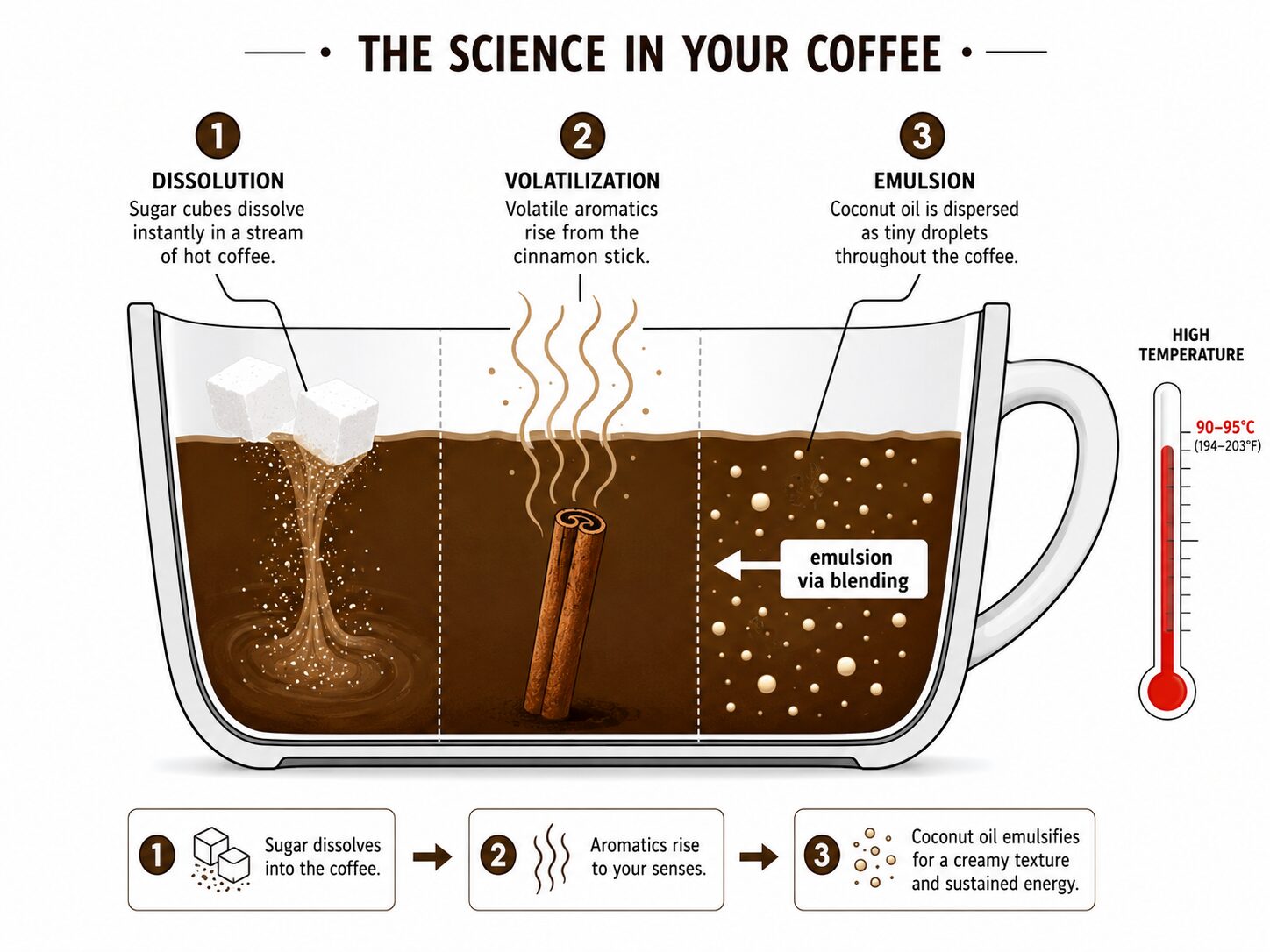 Diagram explaining solubility, aromatics, and emulsion for flavoring hot coffee.