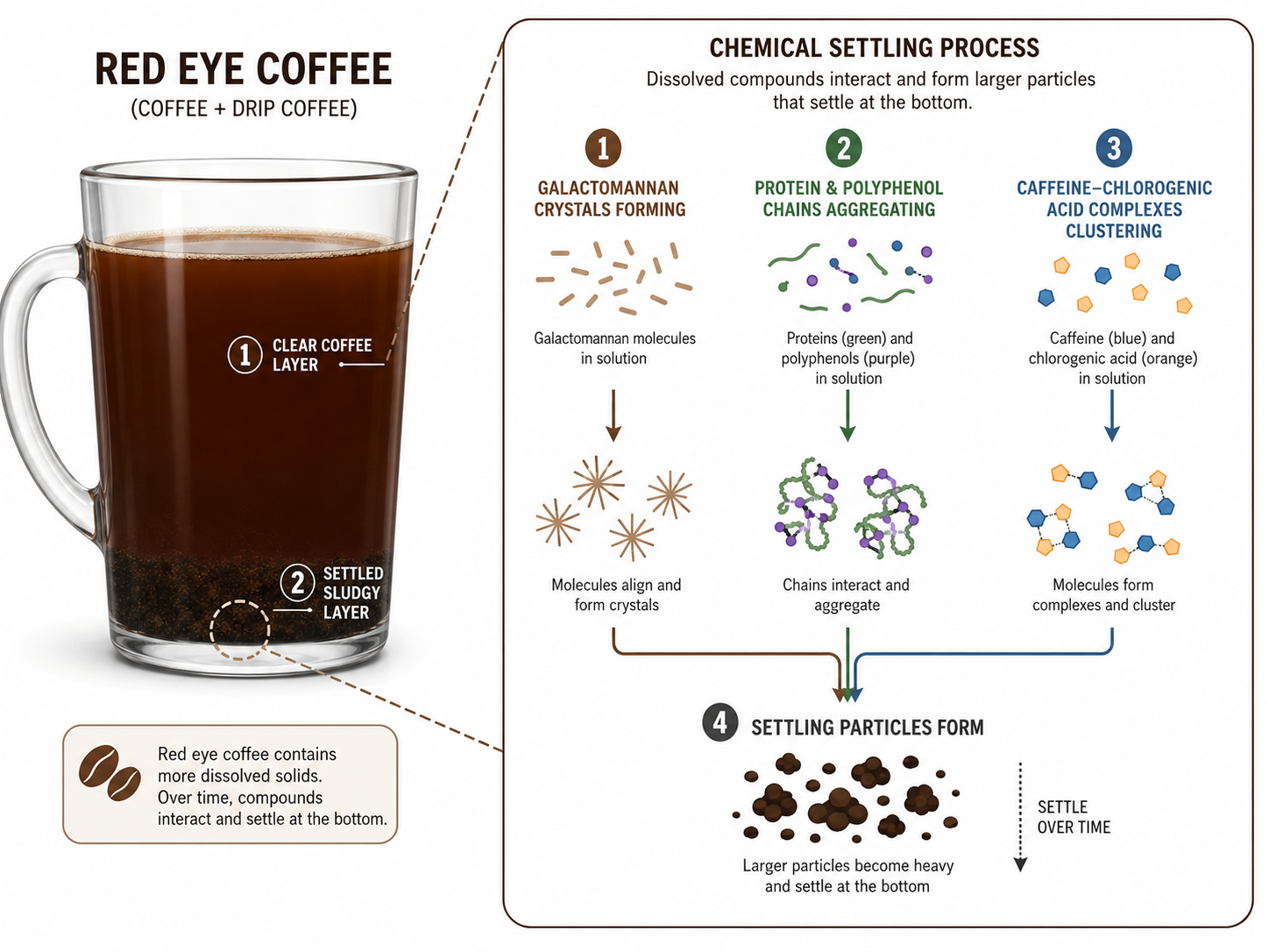 Diagram of chemical sedimentation in a red eye coffee mug.