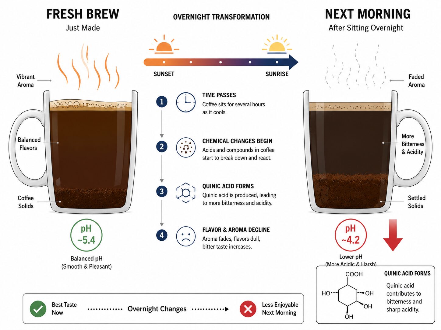 Diagram showing chemical changes in day old coffee: oxidation and acid breakdown.