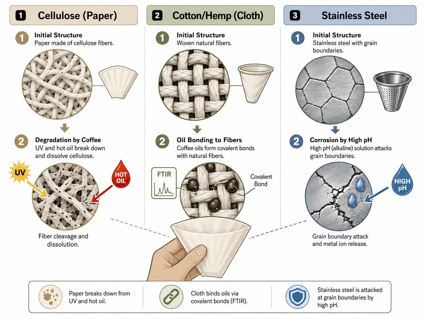 Diagram comparing material science of paper, cloth, and metal coffee filters