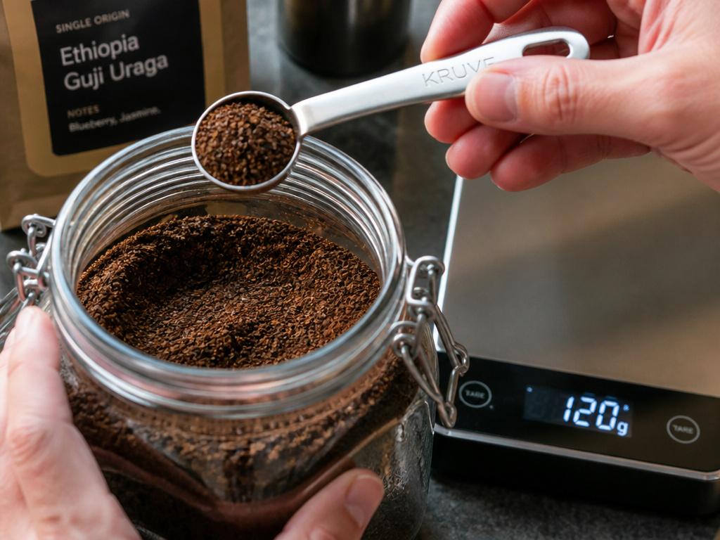 Coffee scoop weighing for accurate cold brew batch to prevent bean waste