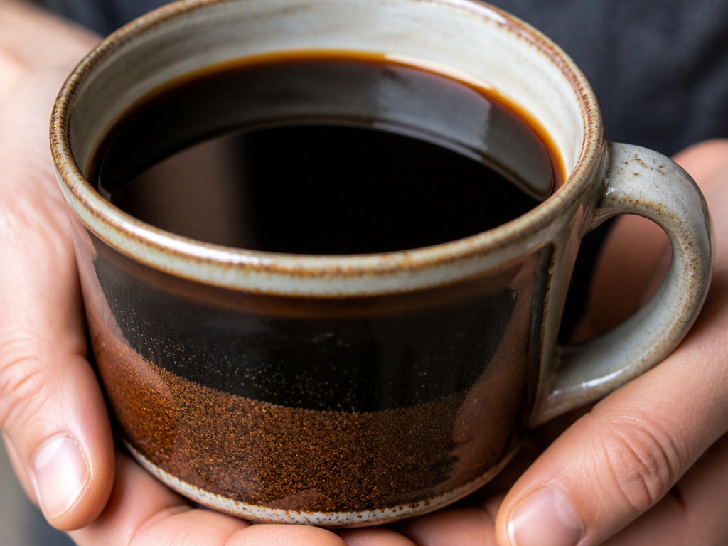 Close-up of coffee sediment at bottom of a mug, showing filterless brew texture.