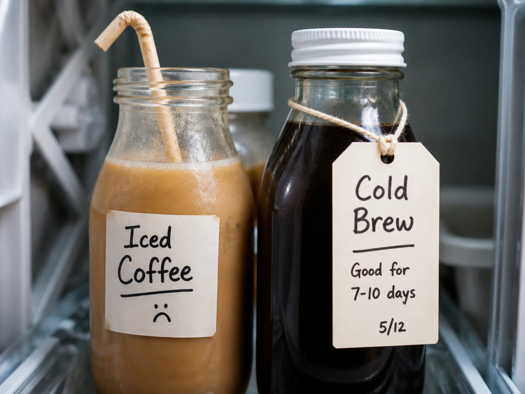 Comparison of stale iced coffee and fresh cold brew bottles in a refrigerator.