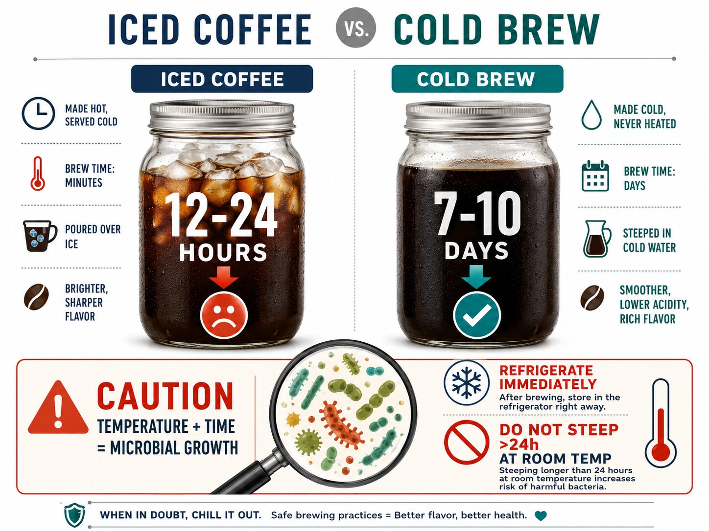 Infographic comparing the shelf life and safety of cold brew versus iced coffee.