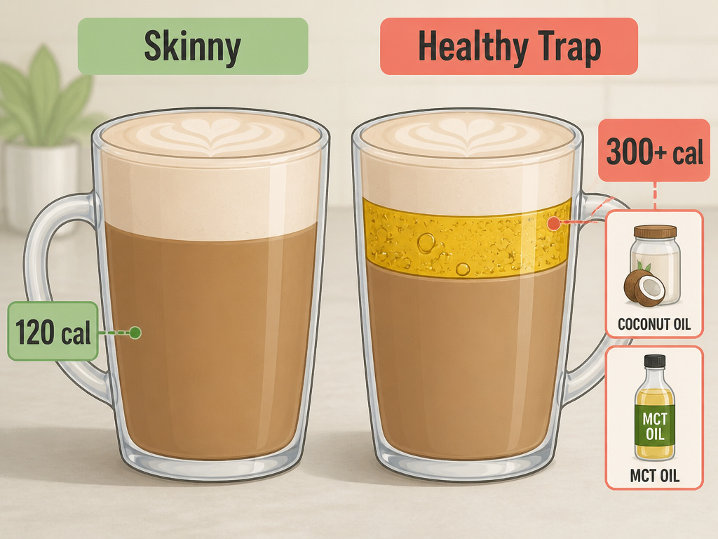 Calorie comparison between a skinny latte and a high-calorie latte with added oils.