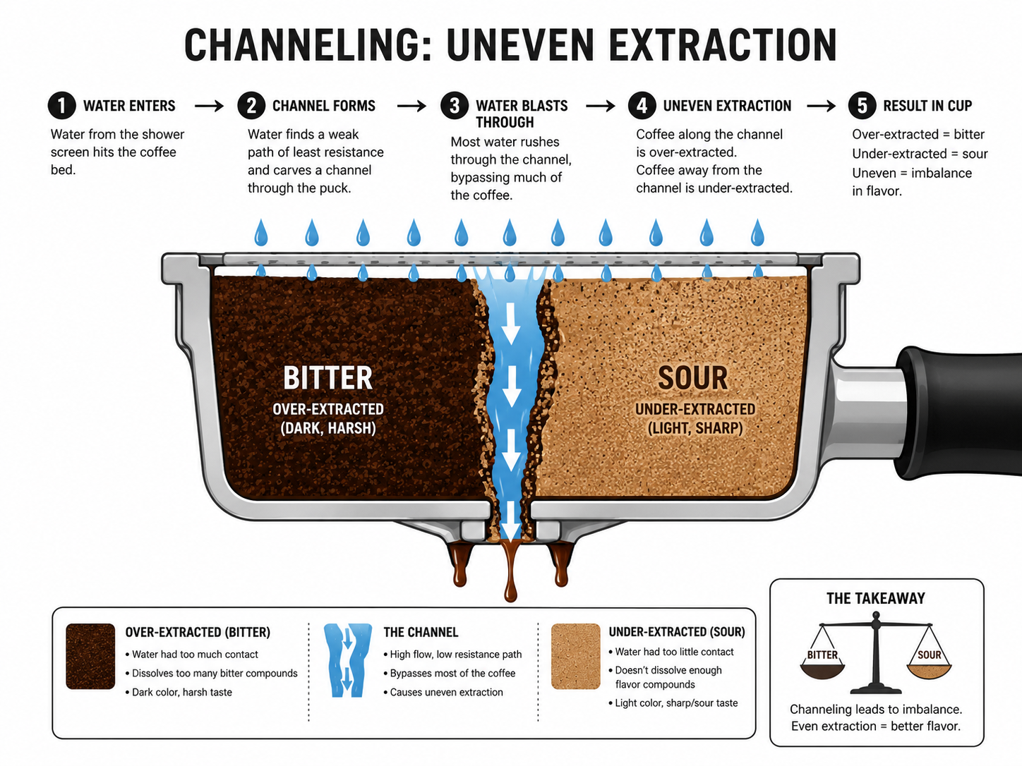 Diagram of channeling in espresso causing sour and bitter coffee.
