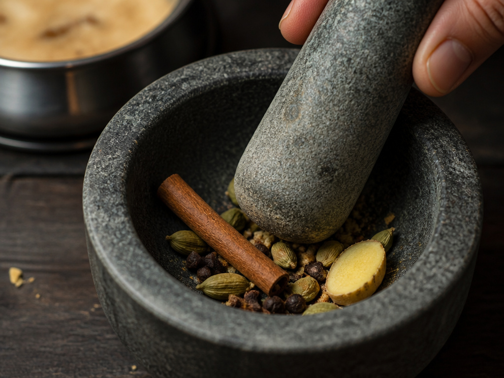 Whole chai spices being crushed in a mortar, highlighting traditional preparation method.