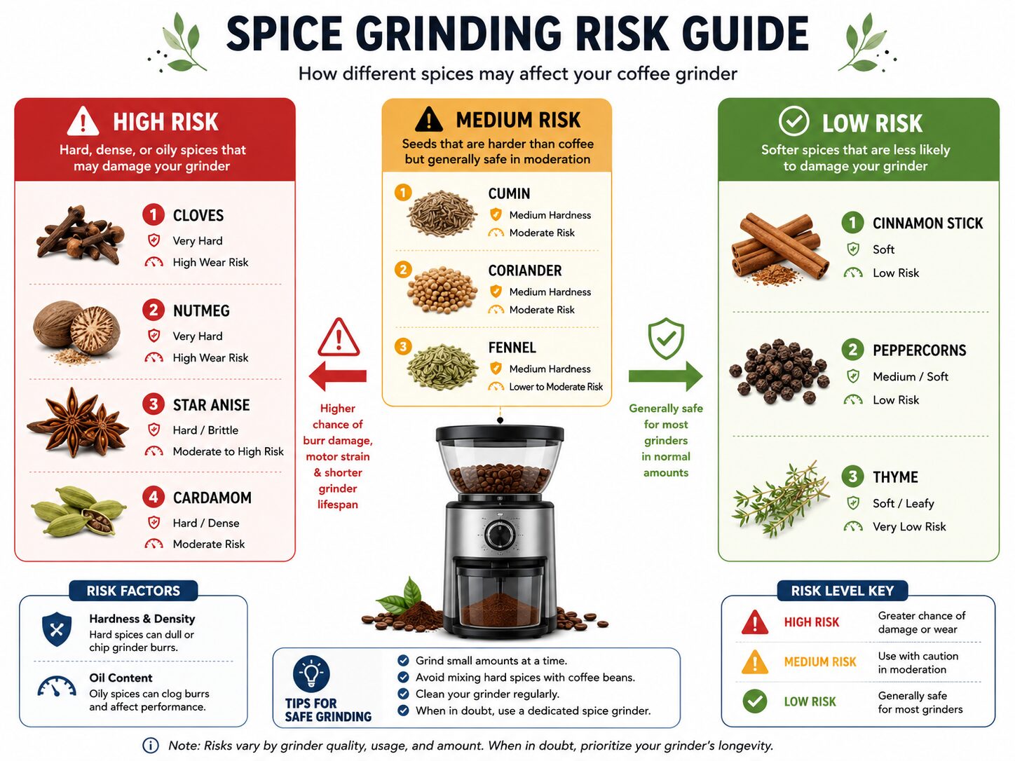 Infographic ranking spices by risk level for coffee grinder cross-contamination