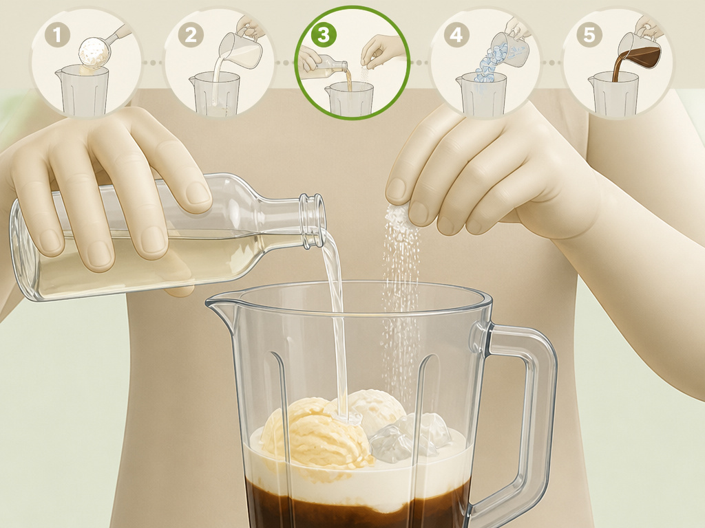 Close-up of adding xanthan gum and syrup to a coffee milkshake in a blender.