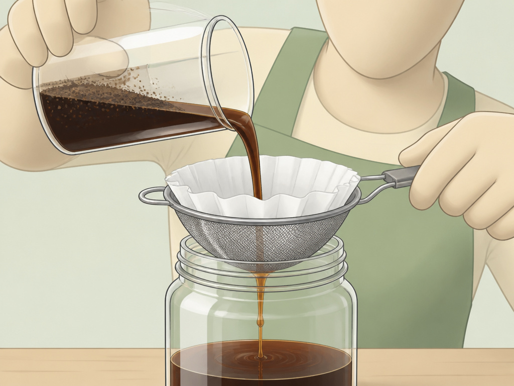 Filtering cold-steep coffee concentrate through a paper-lined strainer.