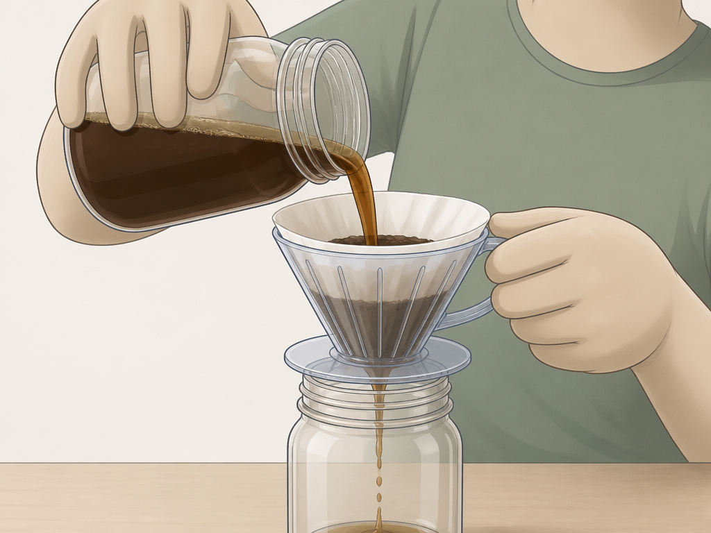 Second filtration step for cold brew coffee using a paper filter and drip cone.