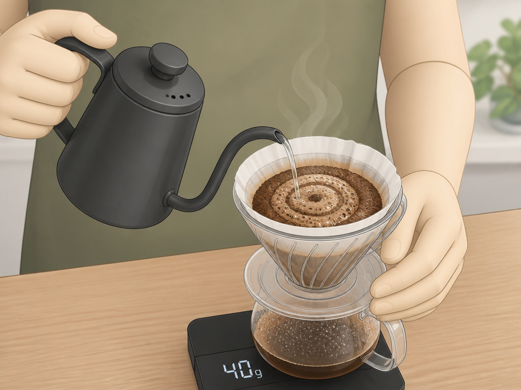 Close-up of the coffee bloom step during a manual pour-over brewing process.