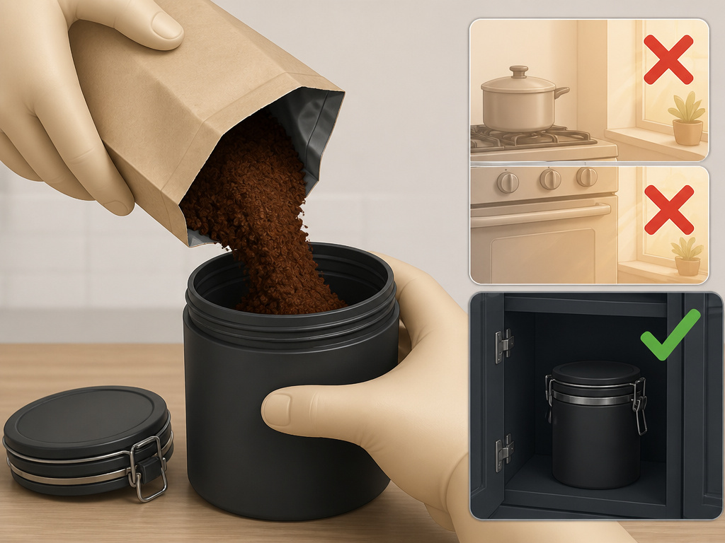 Cartoon diagram showing proper transfer of ground coffee to an airtight, opaque container.