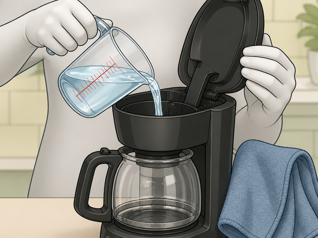 Pouring fresh water into a coffee maker reservoir during vinegar cleaning rinse cycle.