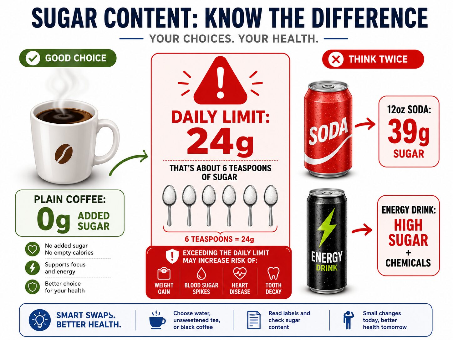 Infographic comparing sugar in coffee versus soda and energy drinks during pregnancy