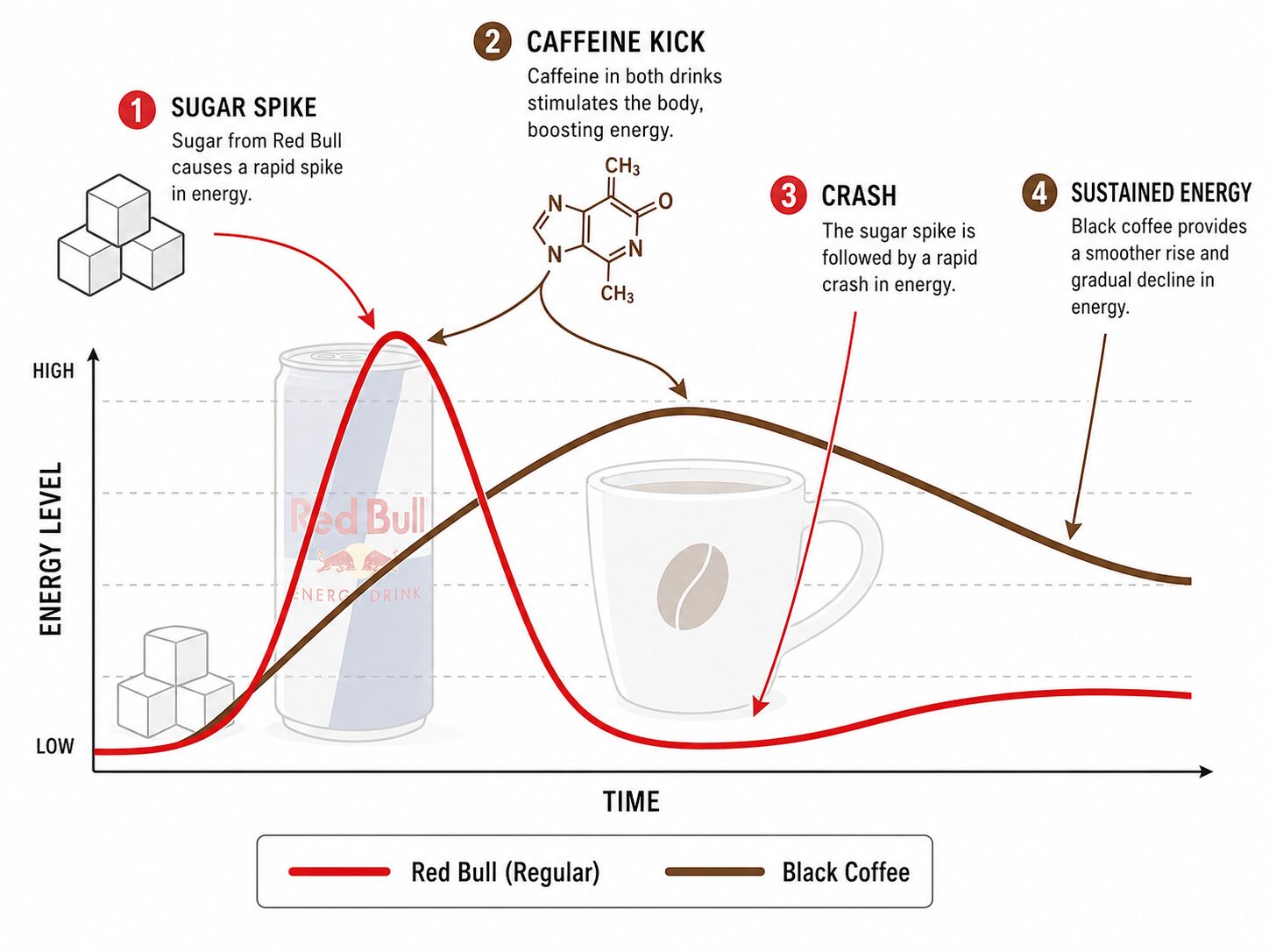 Diagram comparing caffeine and sugar crash curves of Red Bull versus black coffee