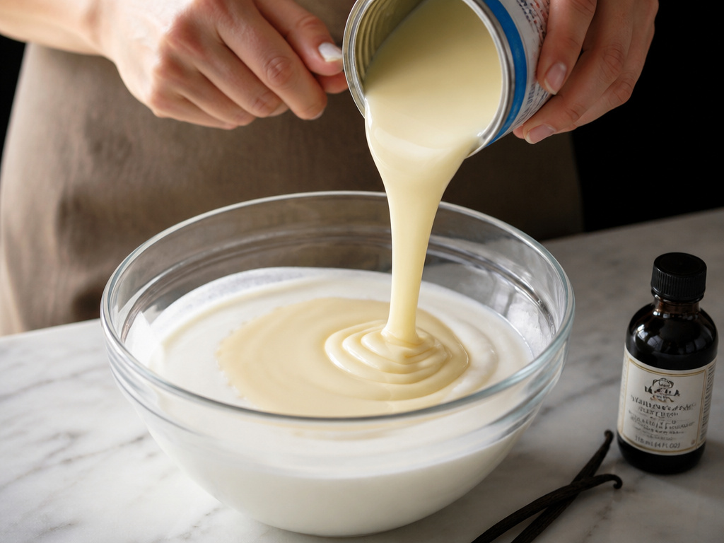 Pouring sweetened condensed milk into a bowl to make French vanilla coffee creamer.