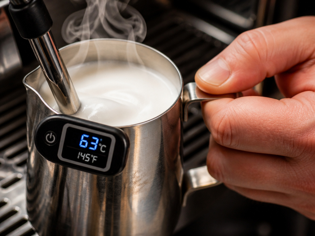 Barista using a thermometer to stop milk frothing at the ideal 63 degrees Celsius.