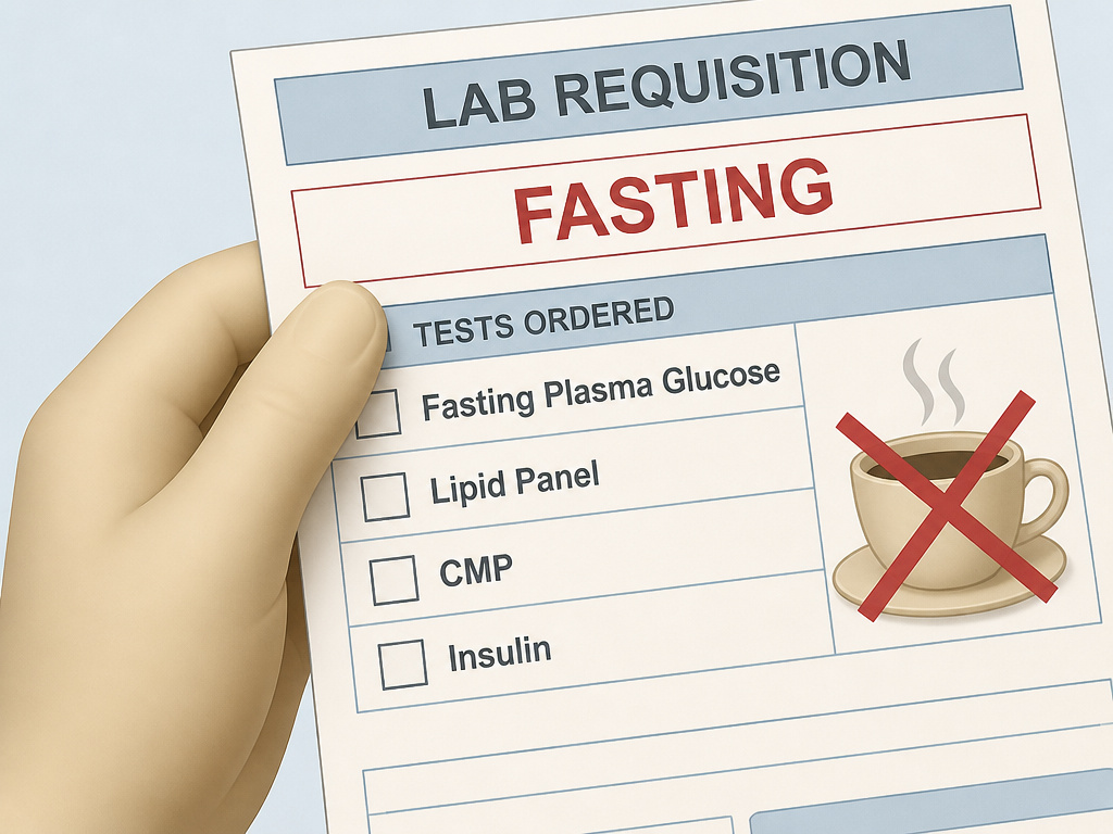 Cartoon lab form listing key fasting blood tests with coffee prohibited.