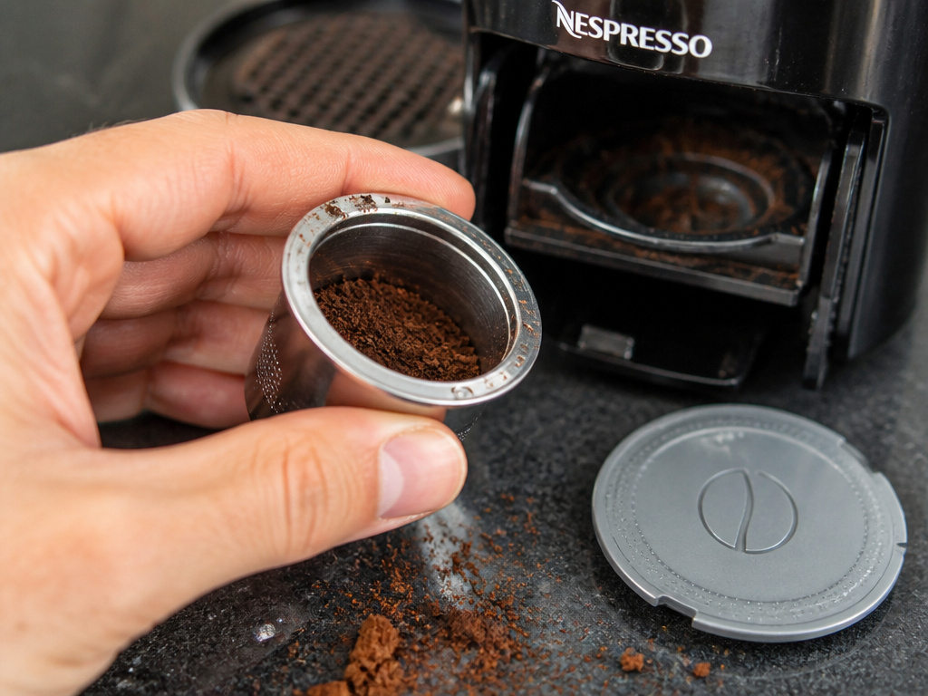 Close-up of messy refillable coffee pod with spilled grounds and reusable lid.