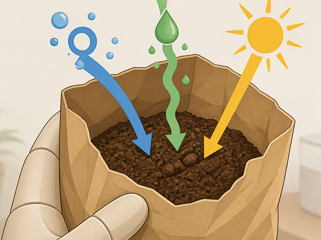 Cartoon of coffee grounds under attack by oxygen, moisture, and heat.