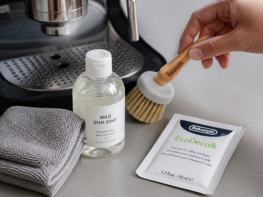 Essential tools and supplies for descaling a Breville coffee machine.