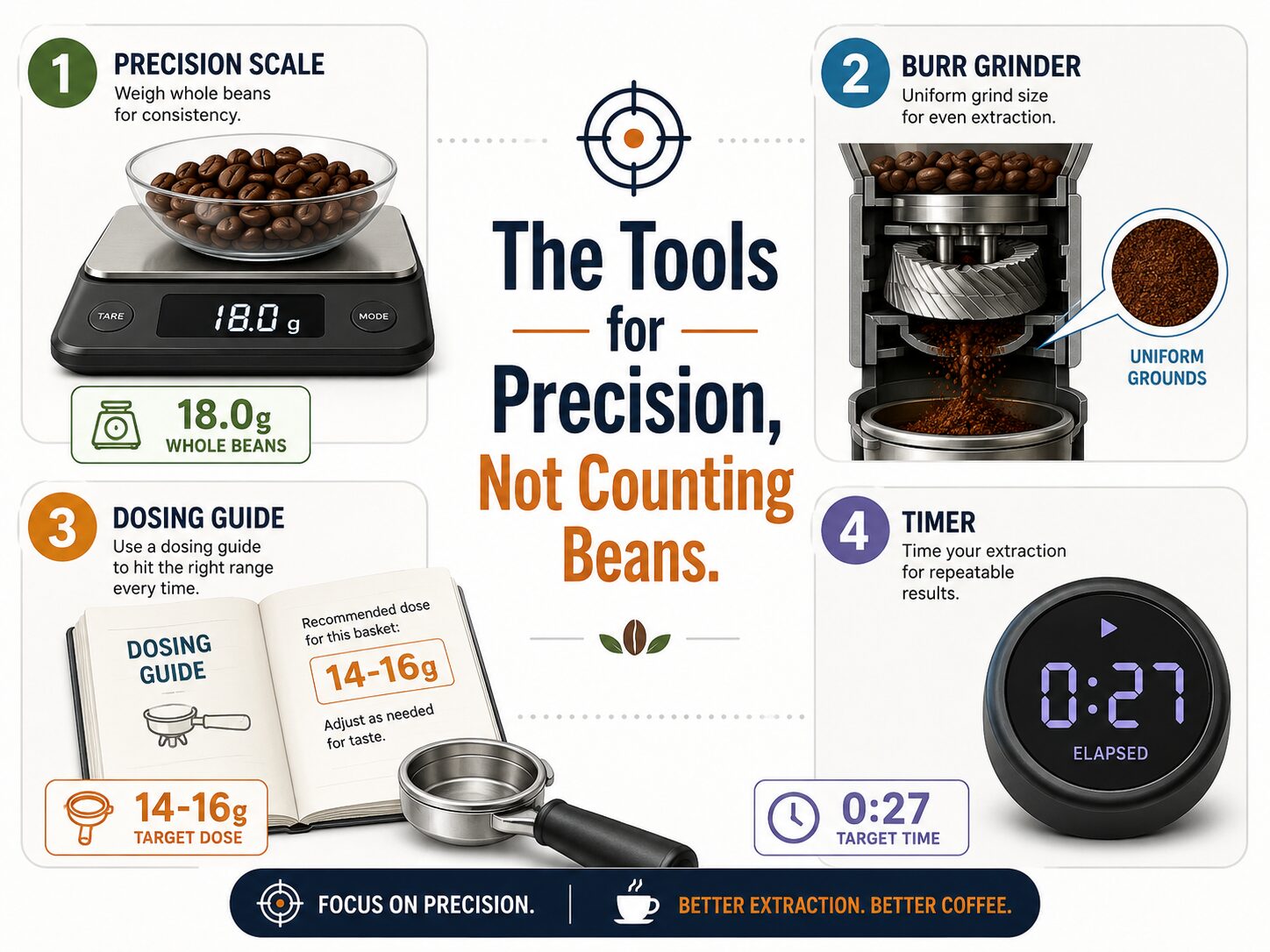 Infographic on essential coffee tools: scale, burr grinder, manual, and timer.