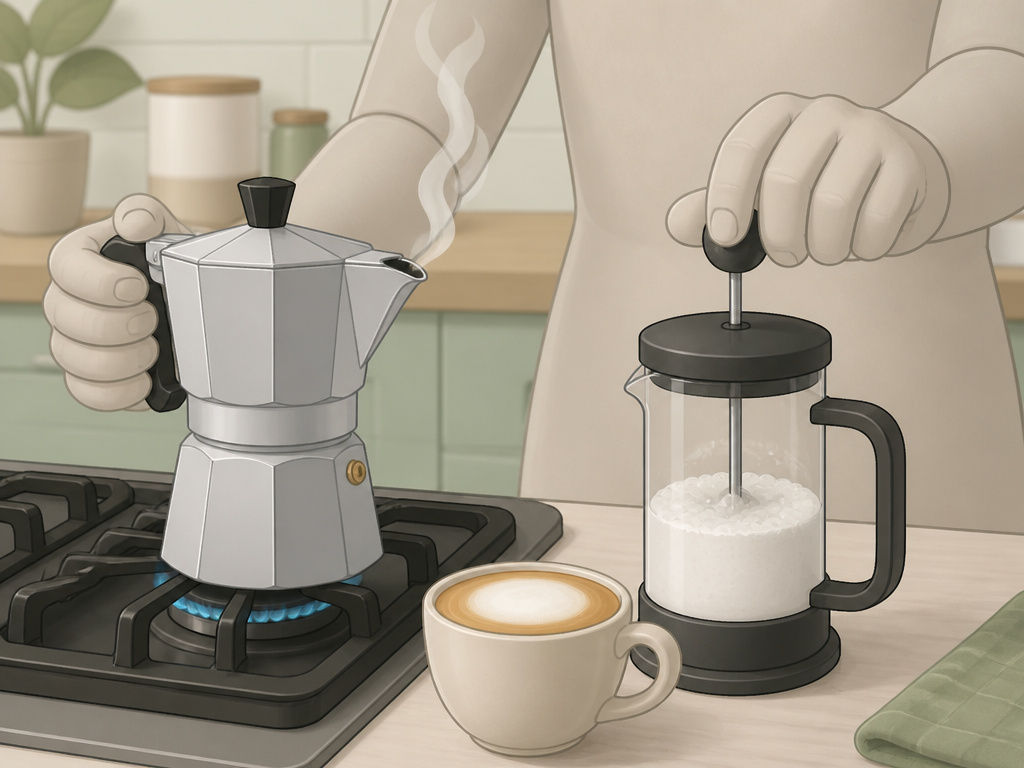 Making a cappuccino at home using a moka pot and French press as tools.