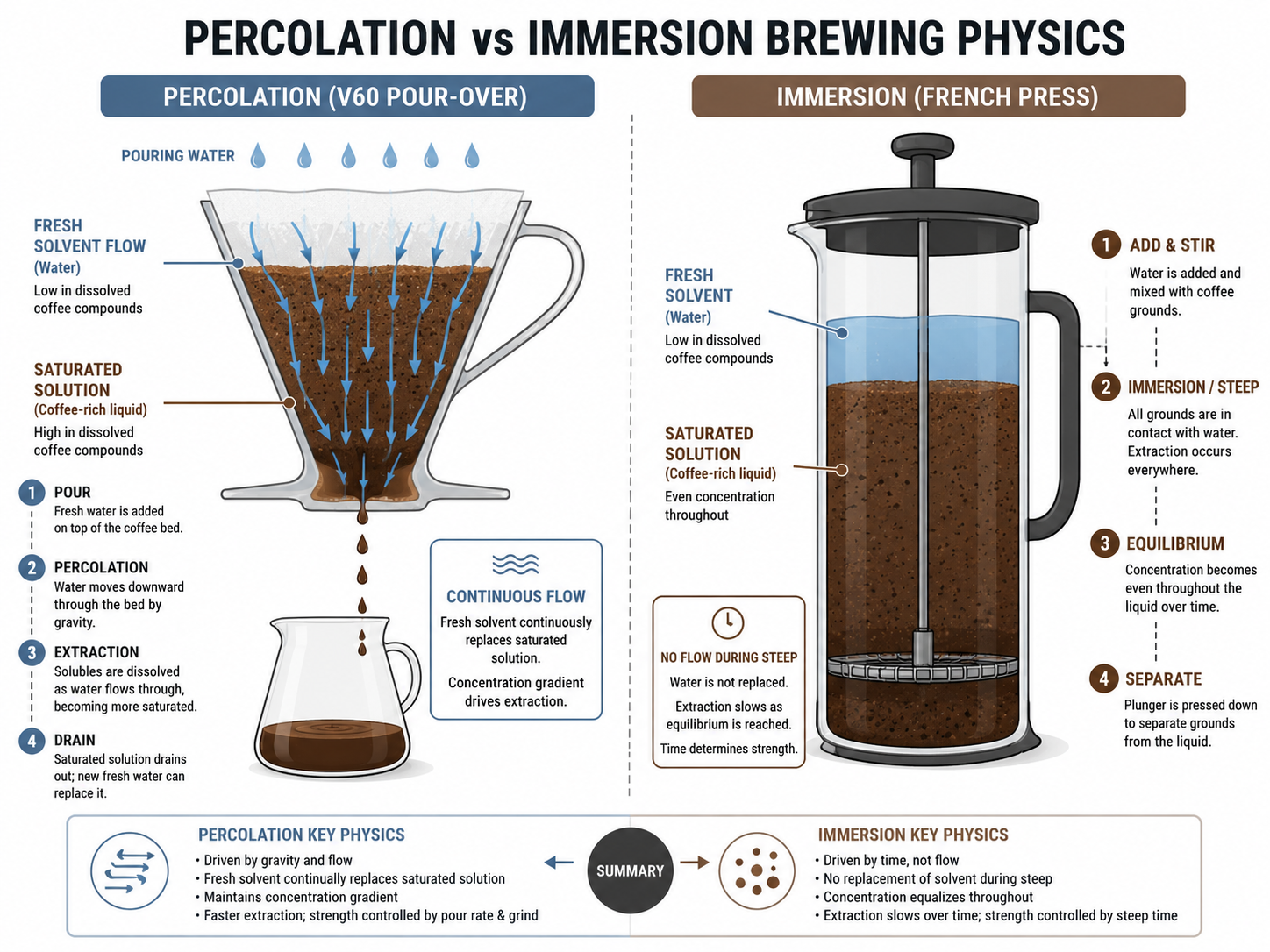 Diagram comparing percolation versus immersion coffee brewing methods.