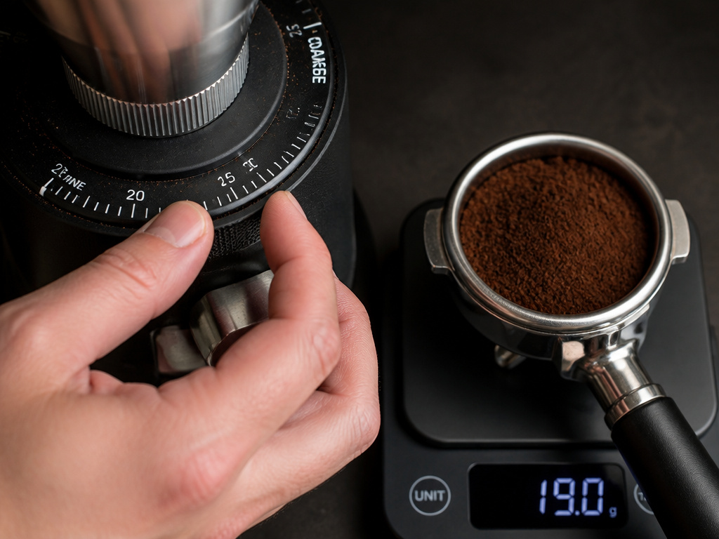 Barista adjusting coffee grinder and weighing dose for espresso preparation.