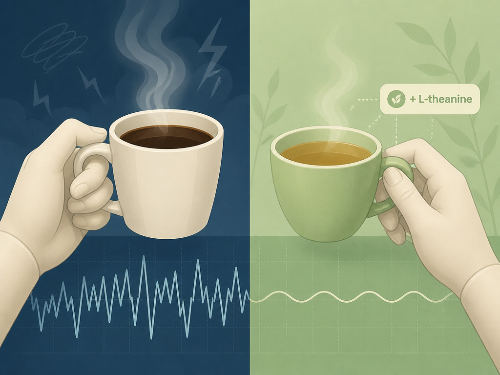 Cartoon comparing tea's calming effect versus coffee's impact on sleep and anxiety graphs.