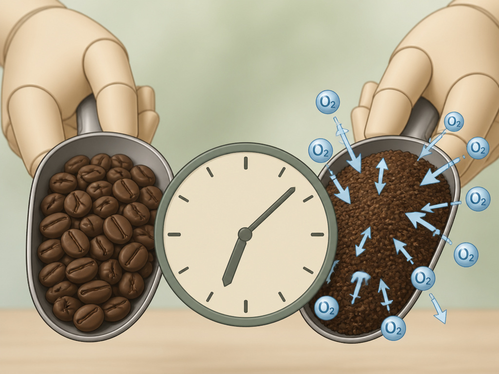 Diagram comparing freshness timelines of whole bean versus ground coffee.