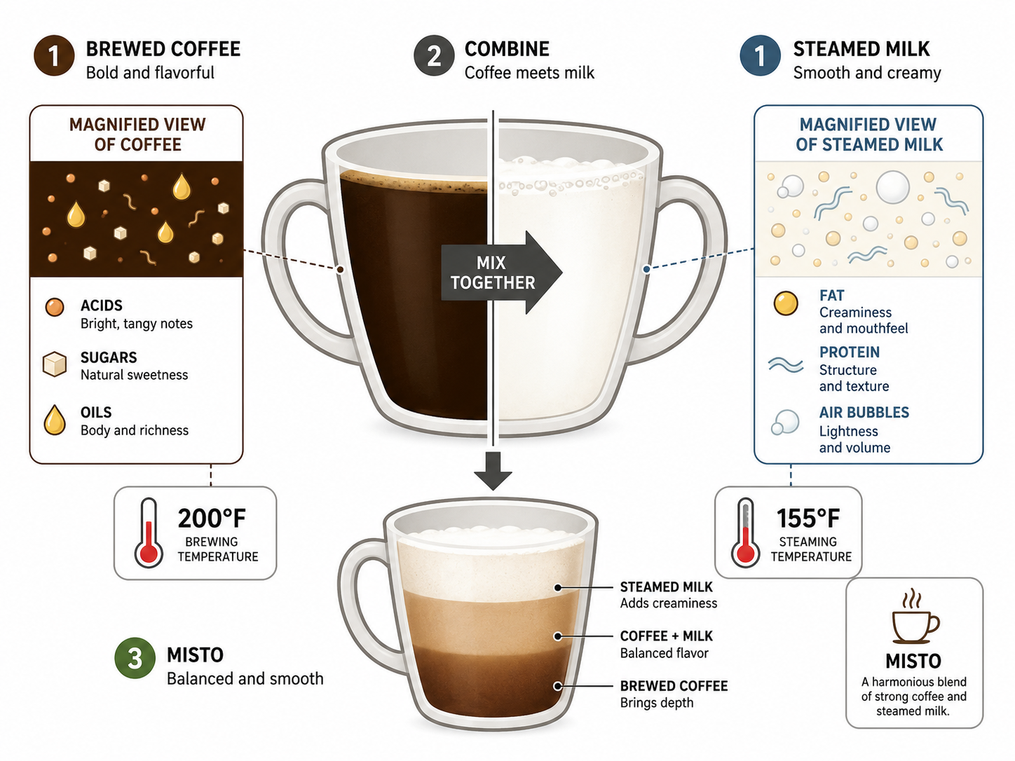 Diagram of misto coffee chemistry showing optimal brew and steam temperatures.