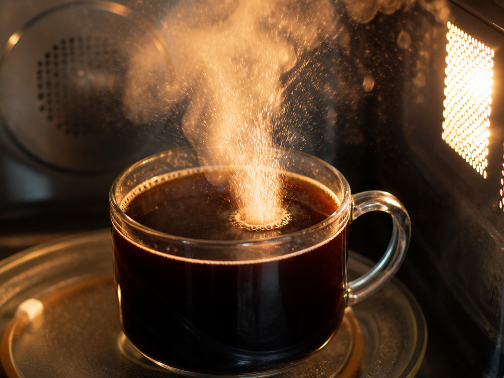 Overheated cold brew coffee steaming violently inside a microwave oven.