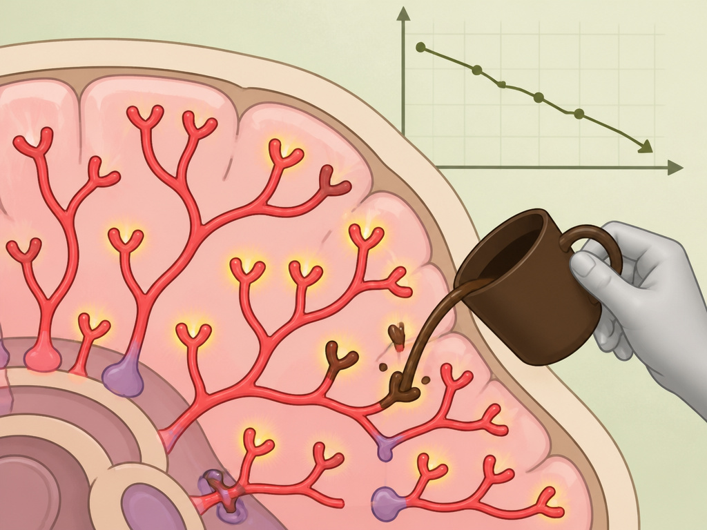 Brain diagram showing caffeine tolerance with upregulated adenosine receptors.