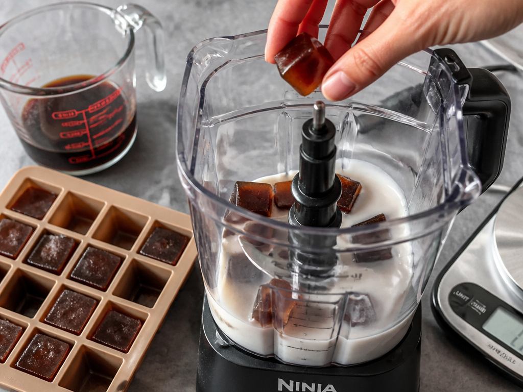 Essential tools for making frozen coffee: blender, ice cube tray, measuring cup.