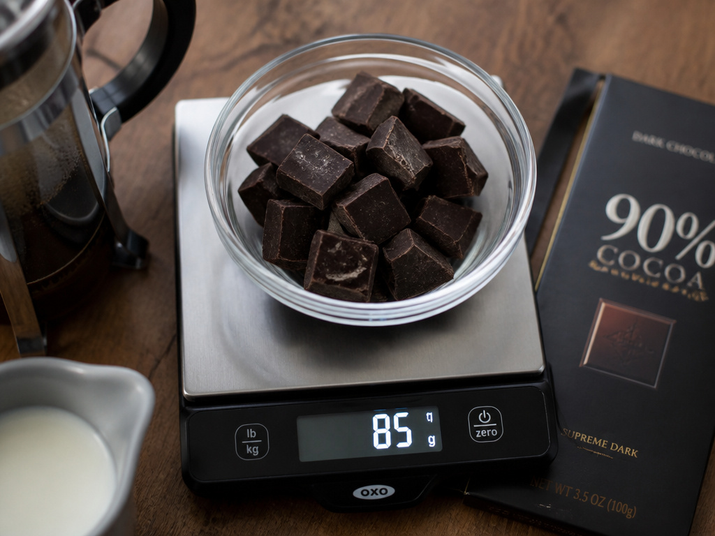 Essential tools for hot chocolate and coffee: scale, chocolate, French press, and milk.
