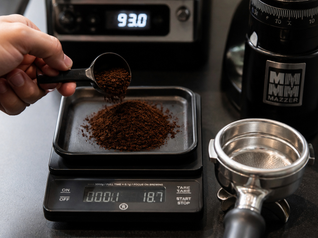 Precision scale weighing dark roast espresso grounds next to a portafilter.