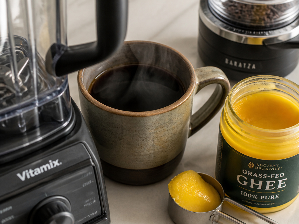 Essential tools for making ghee butter coffee: blender, grinder, mug, and ghee.