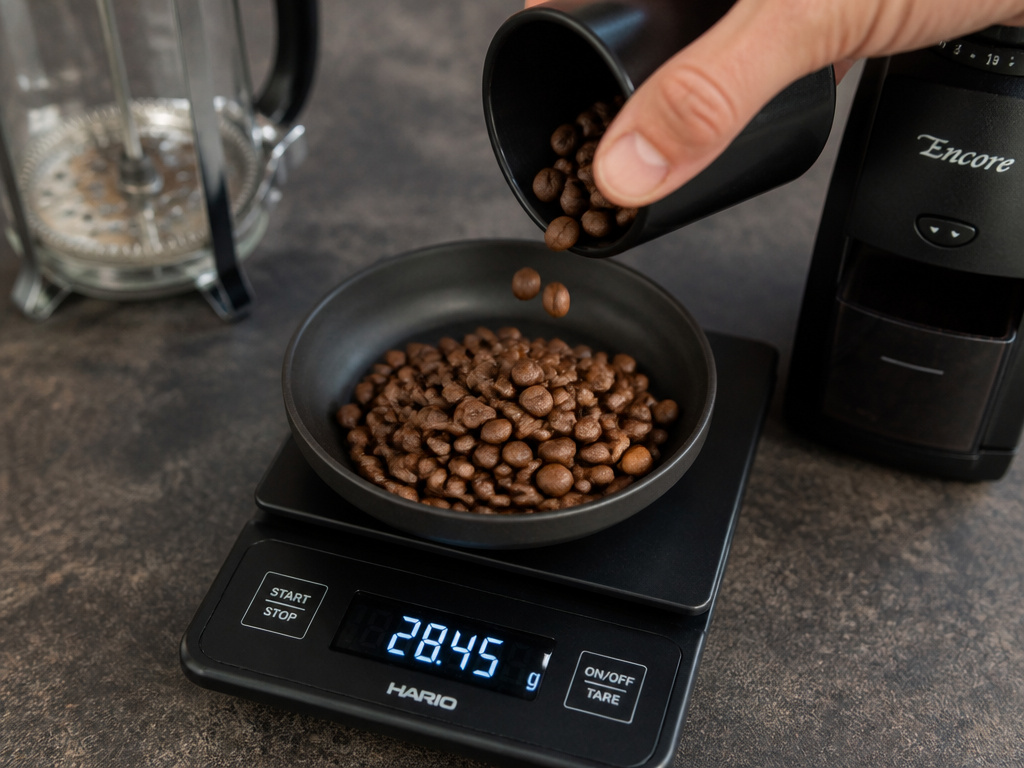 Digital scale weighing coffee beans next to a French press and grinder.