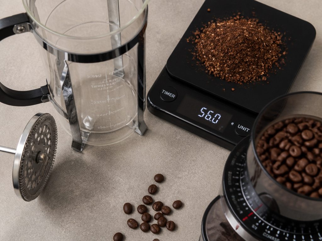 Essential tools for making French press cold brew: scale, grinder, and coffee press.
